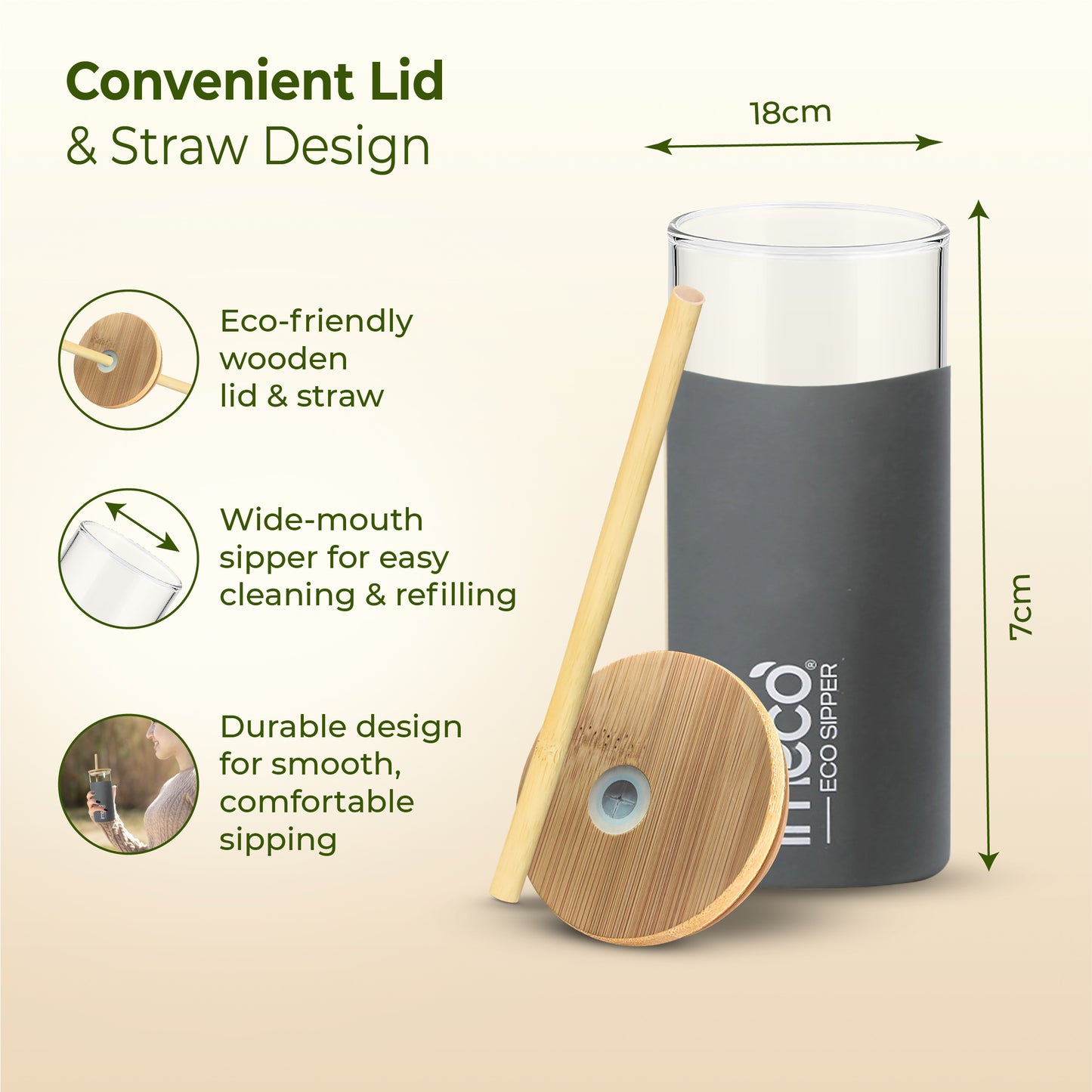ECO-SIPPER Glass Sipper with Bamboo Straw (450 ml)