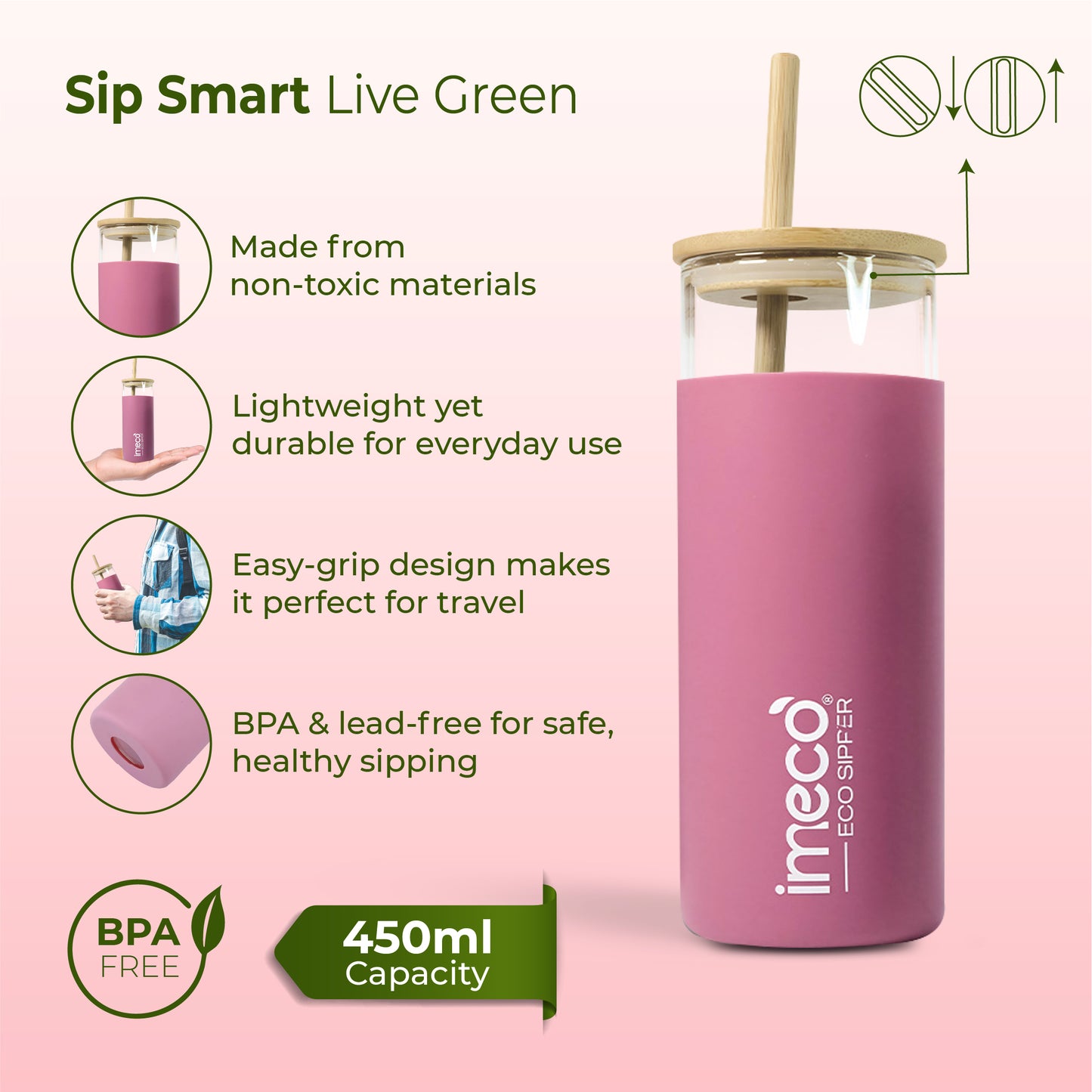 ECO-SIPPER Glass Sipper with Bamboo Straw (450 ml)