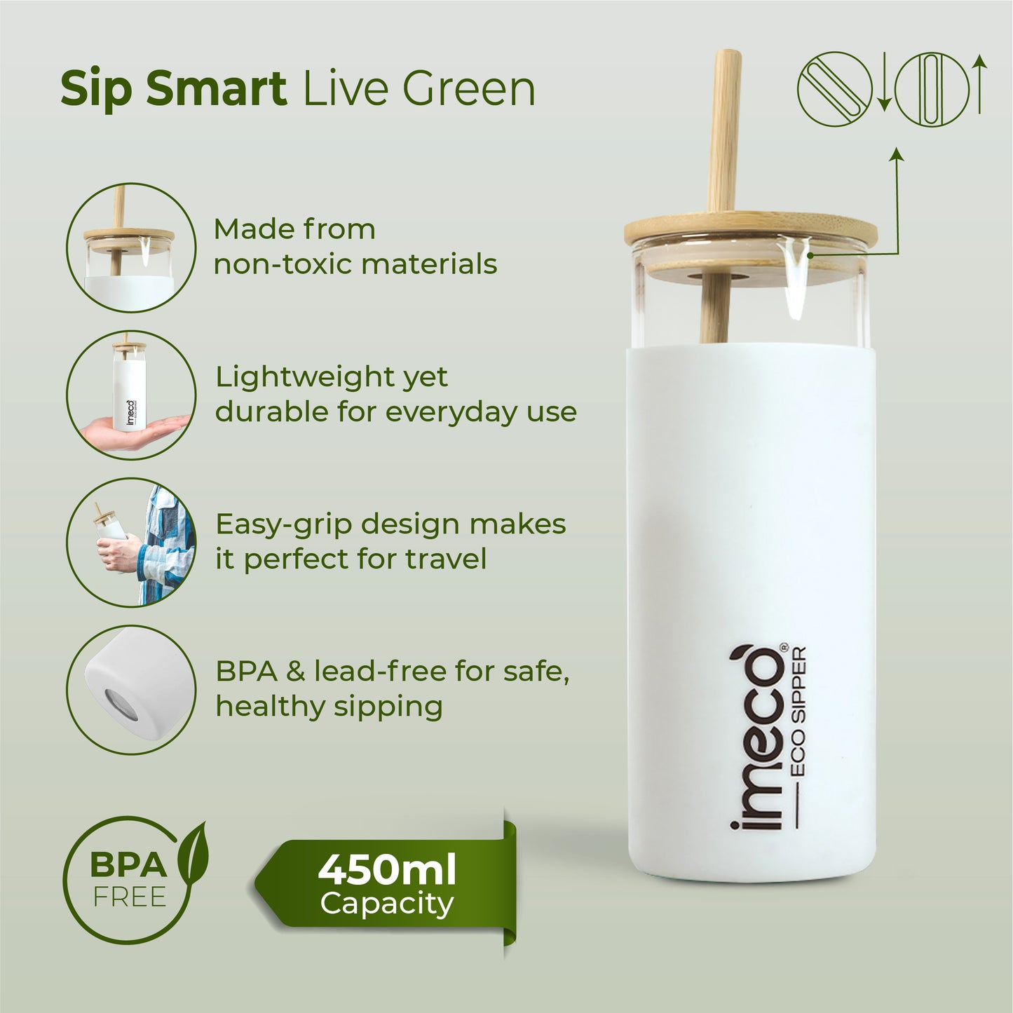 ECO-SIPPER Glass Sipper with Bamboo Straw (450 ml)