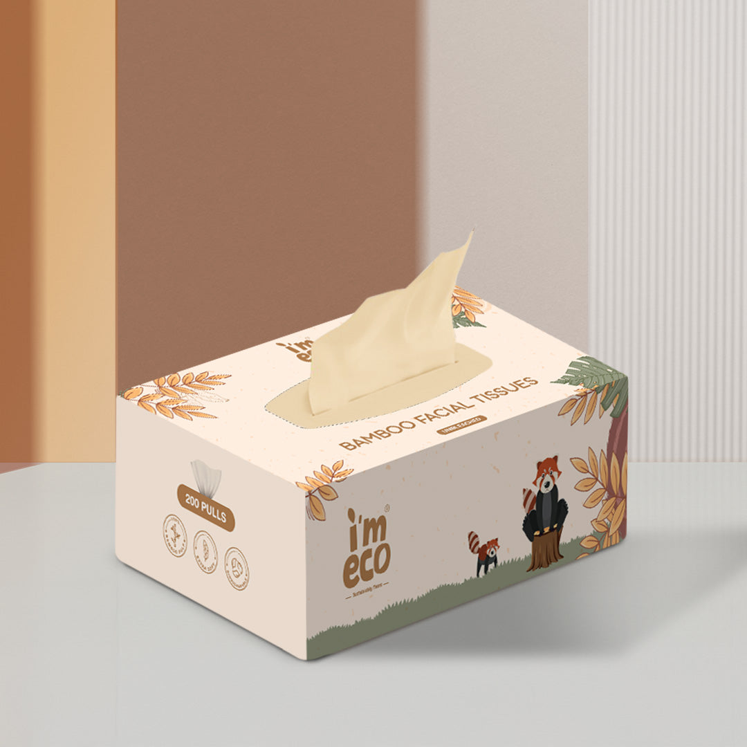 A box of bamboo facial tissue placed on a white base with one pull-out visible.