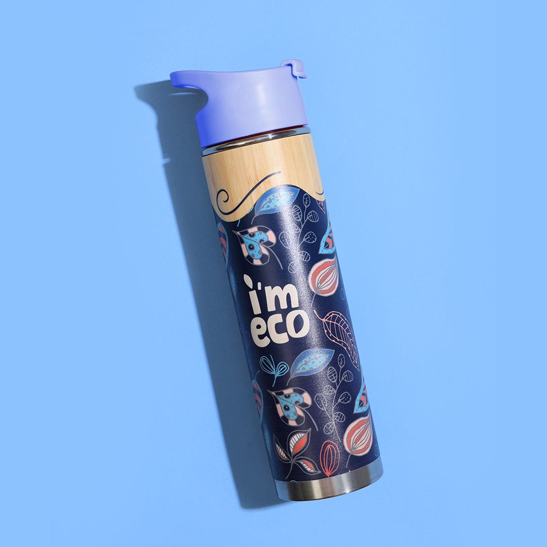 Blue bamboo water bottle printed in a beautiful illustration.