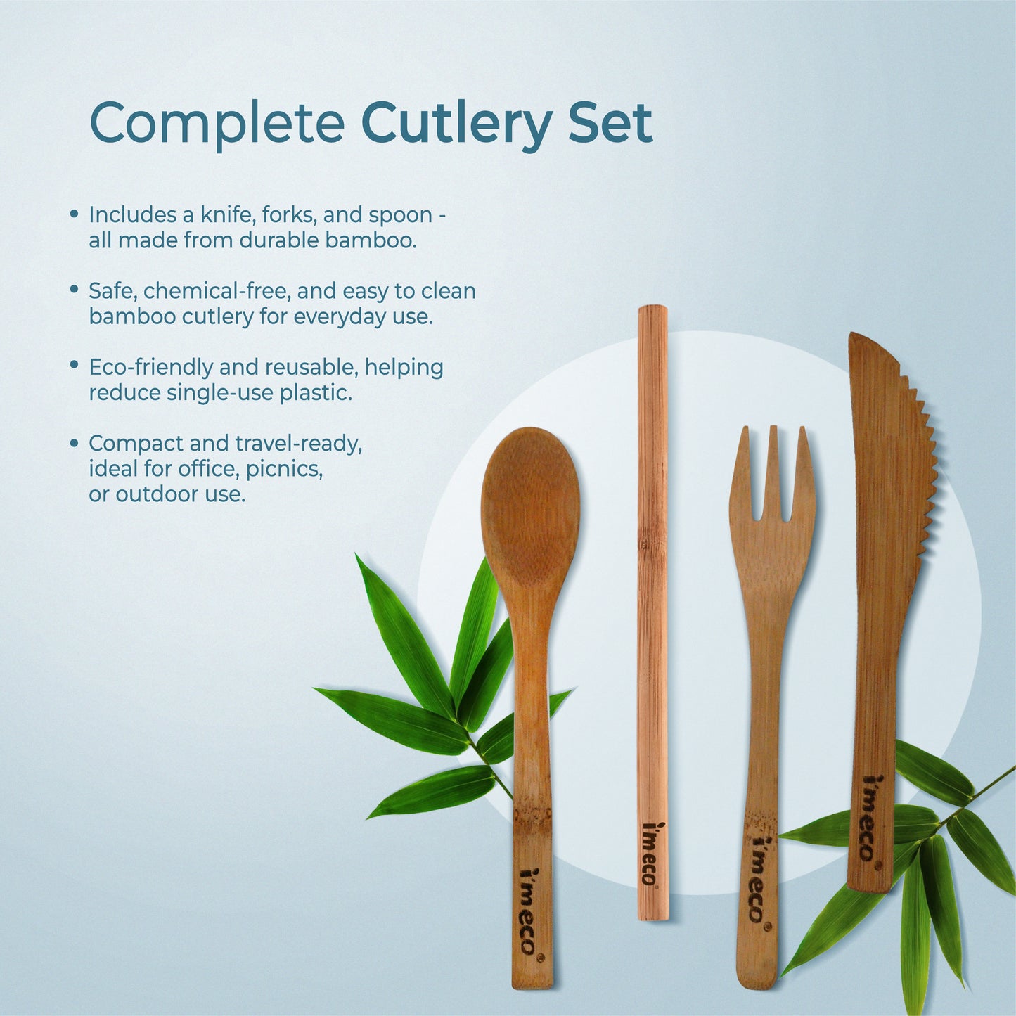 imeco bamboo cutlery set with knife, fork, and spoon on a light blue background with text about the product.