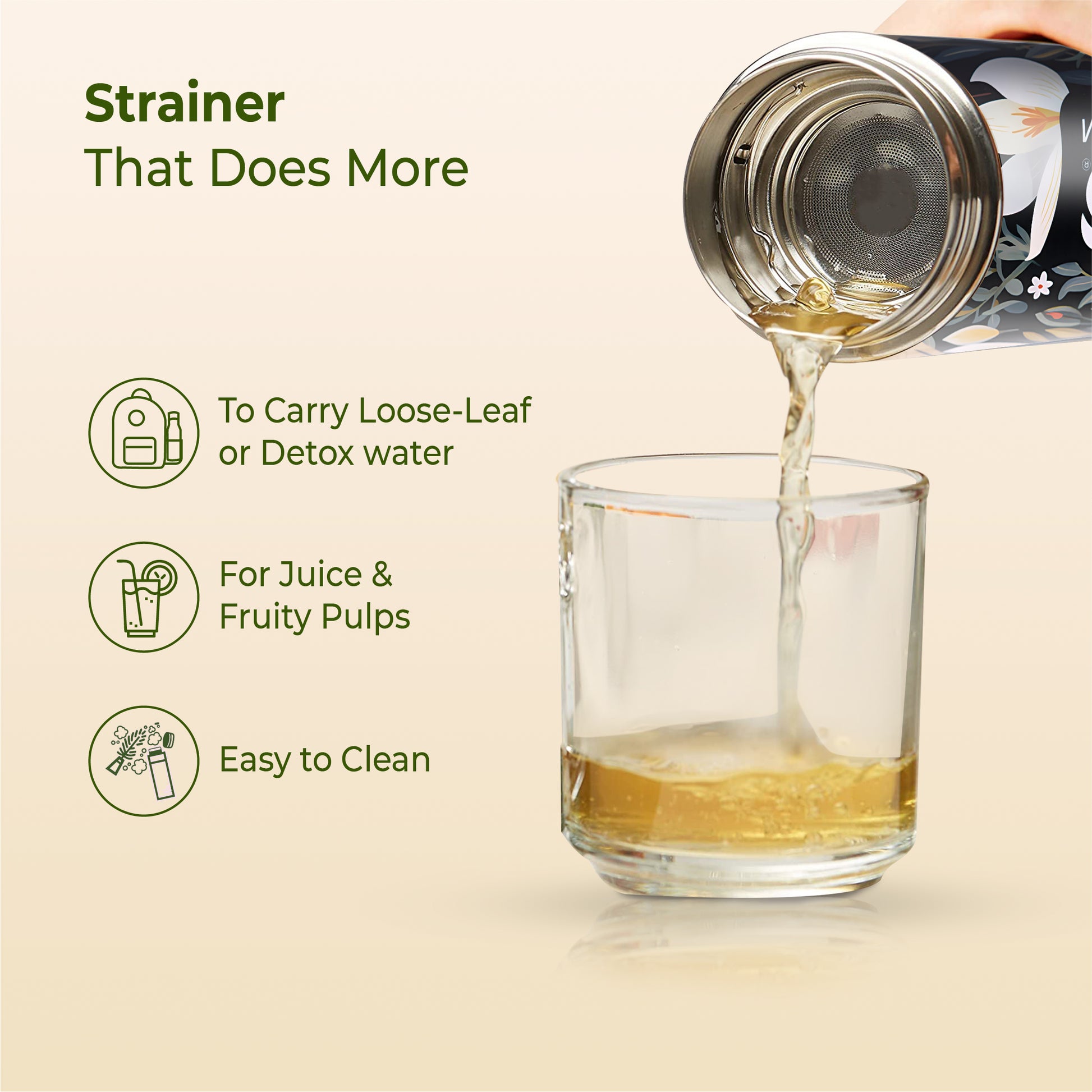 imeco eco bloom strainer being used to pour liquid into a glass with text highlighting its features.