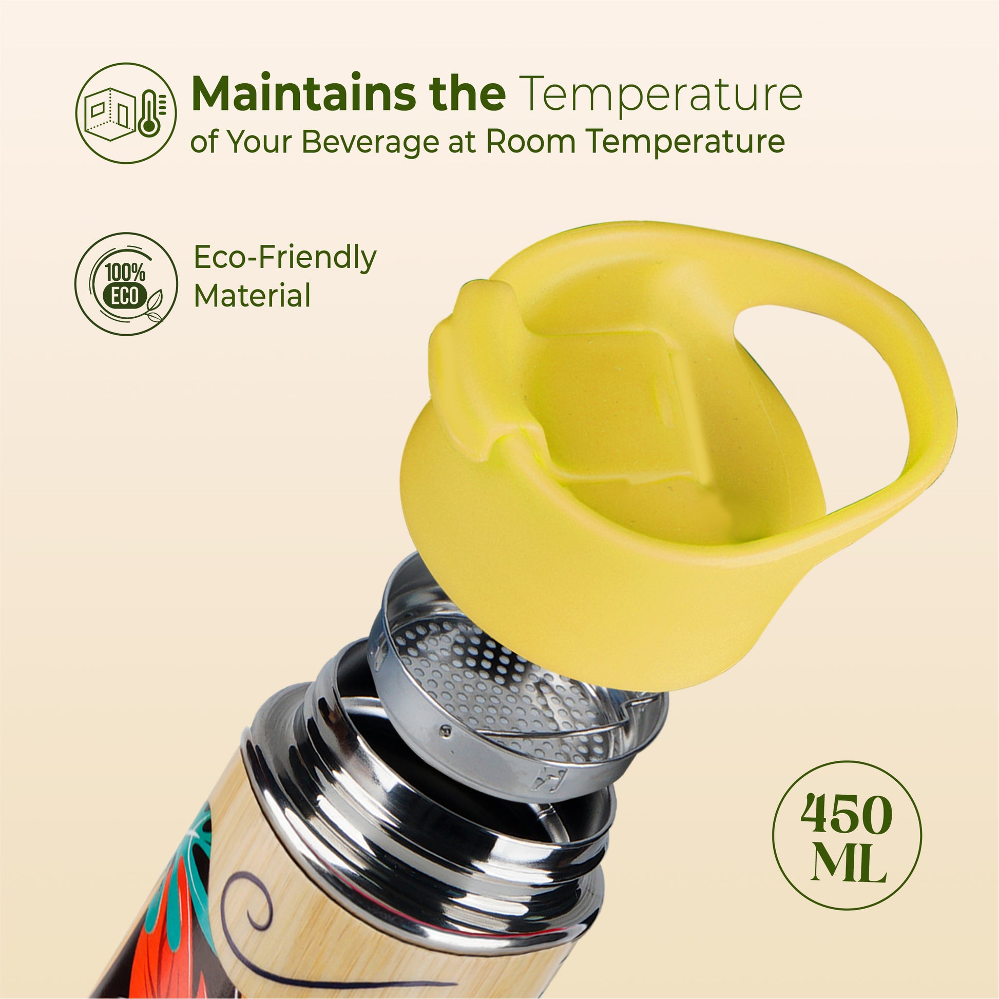imeco eco bloom with a yellow cap on a beige background, featuring text about temperature maintenance and eco-friendliness.