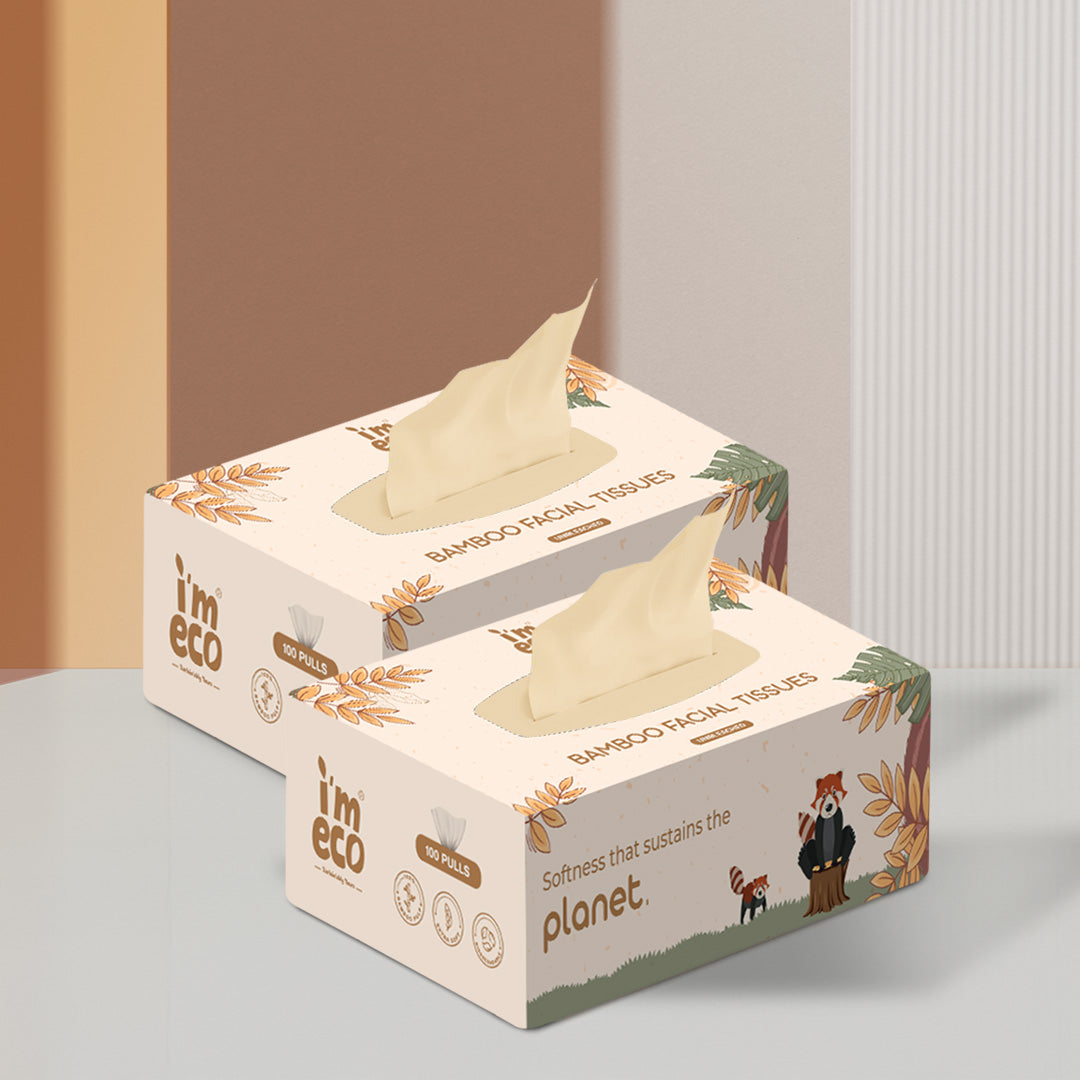 2 boxes of bamboo facial tissues with one pull out visible from each.