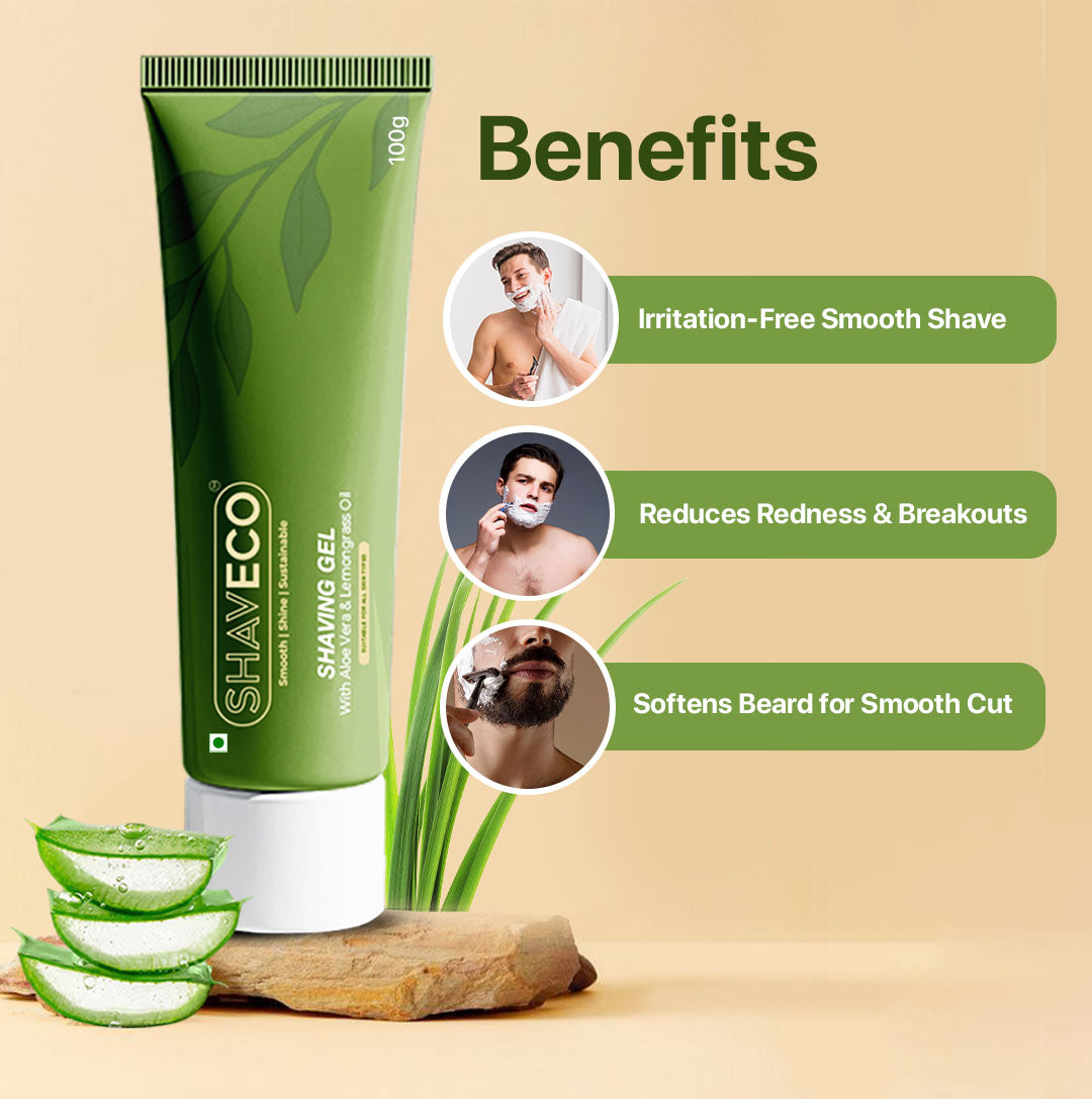 Shaveco shaving gel tube with benefits listed on a beige background.