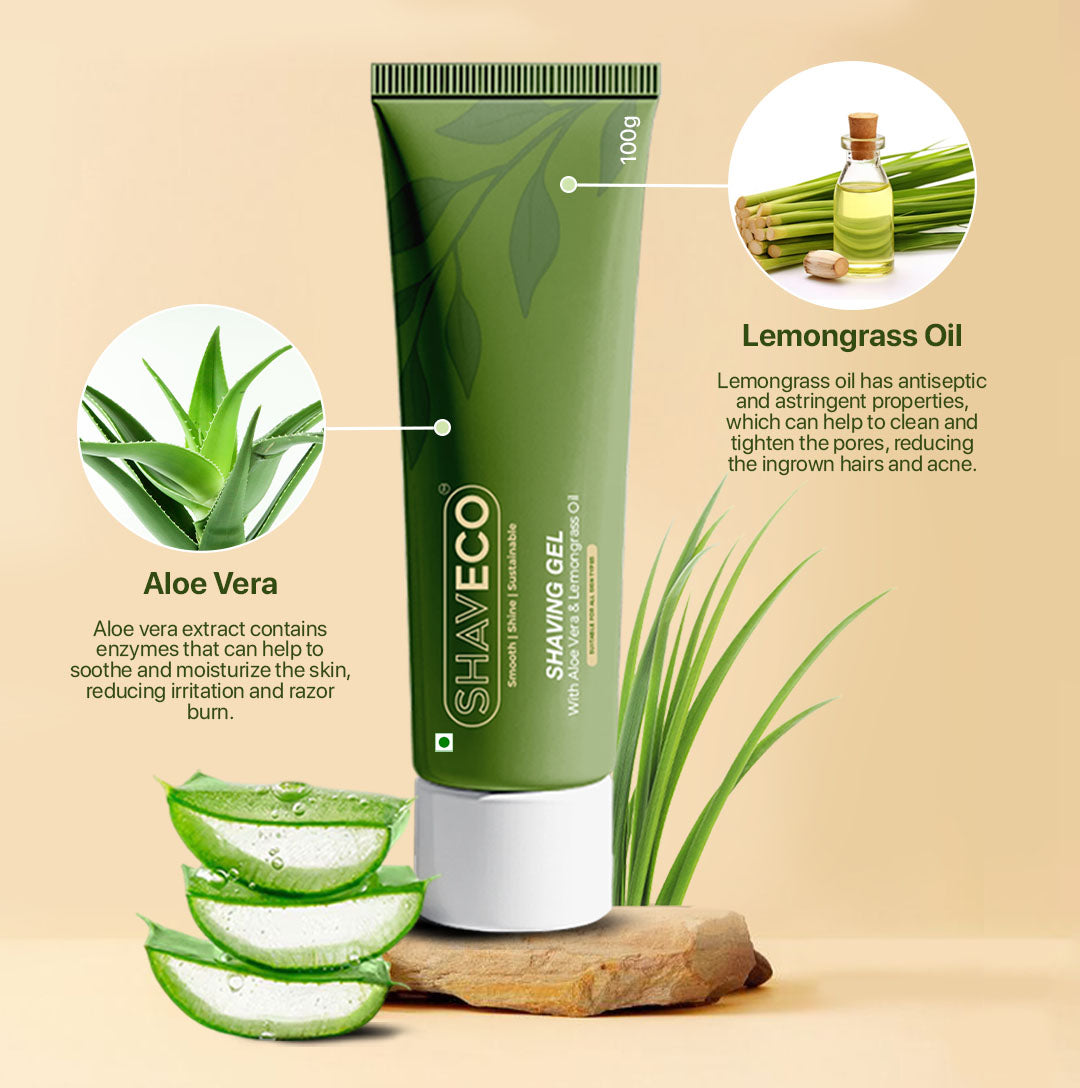 SHAVECO shaving gel tube with aloe vera and lemongrass oil ingredients on a beige background.