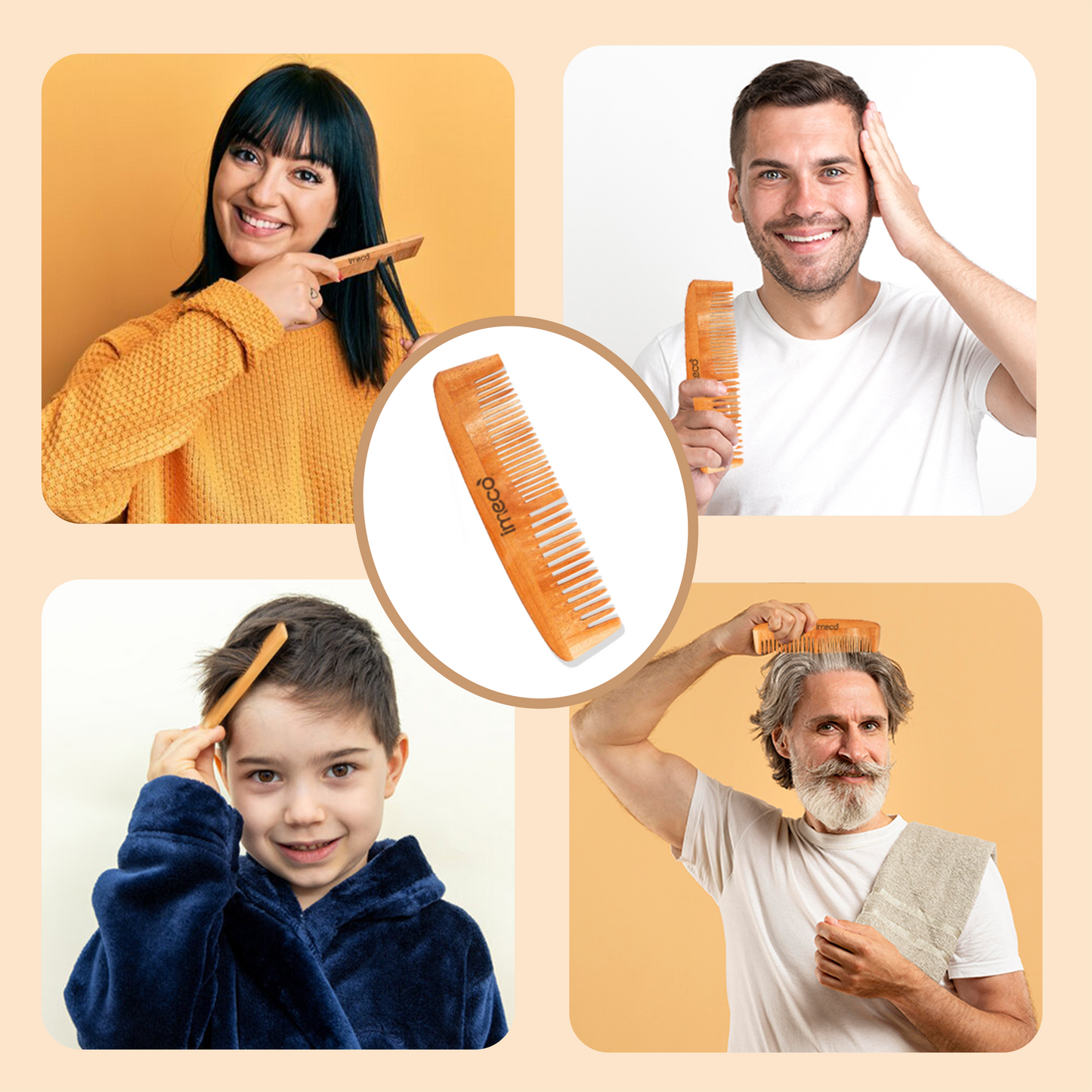 Collage of people using wide tooth comb on a beige background