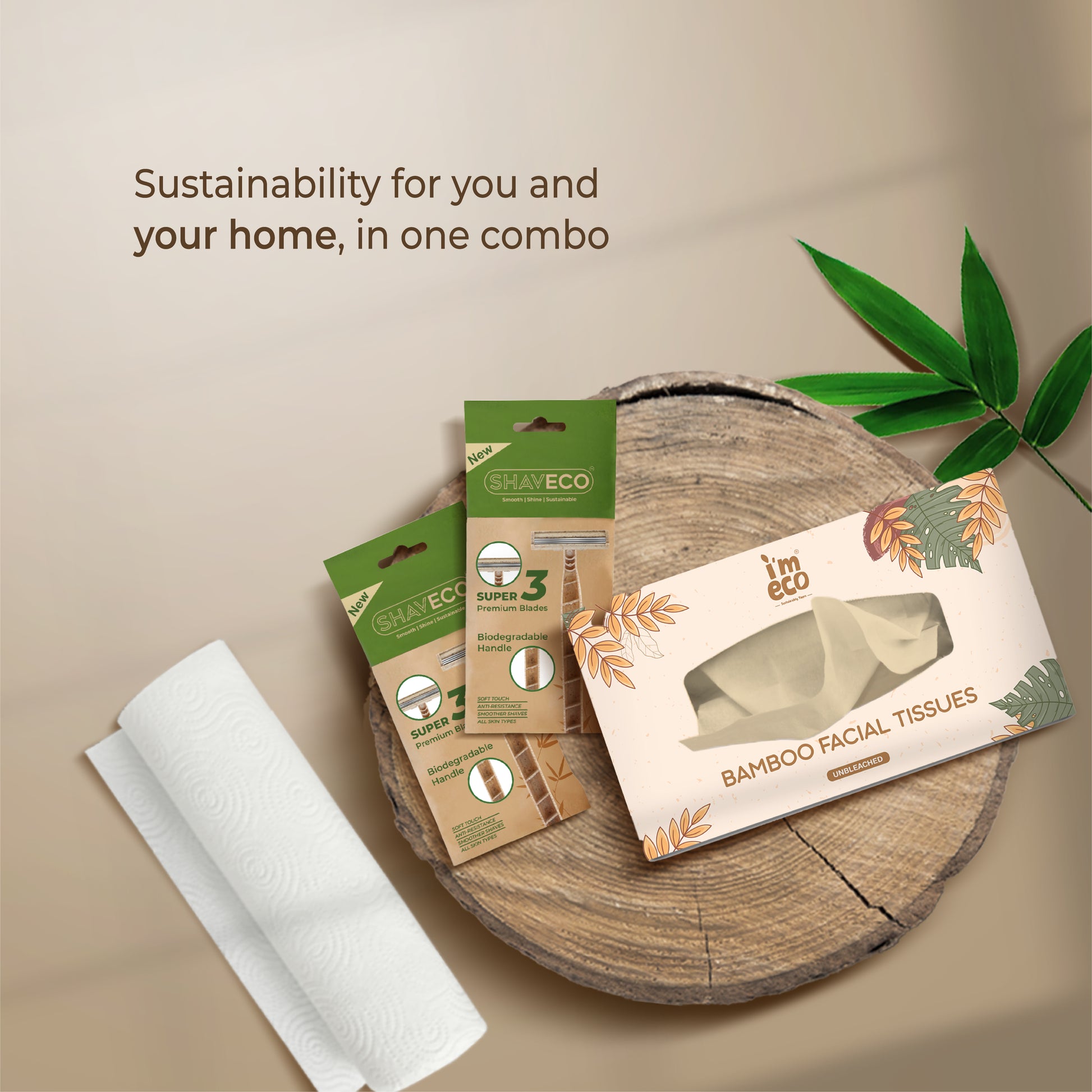 a roll of imeco bamboo facial tissues and boxes of shaveco husk razor on a wooden surface