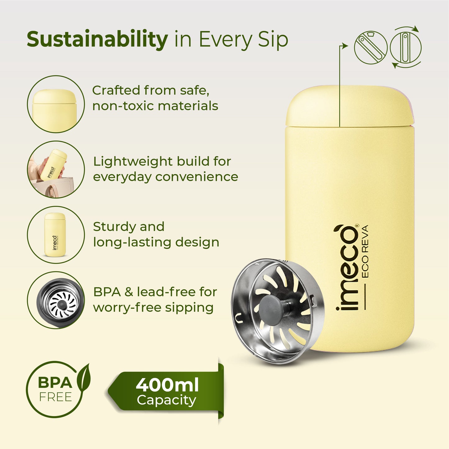 ECO REVA Stainless Steel Water Bottle - Capsule Shaped (400 ml)