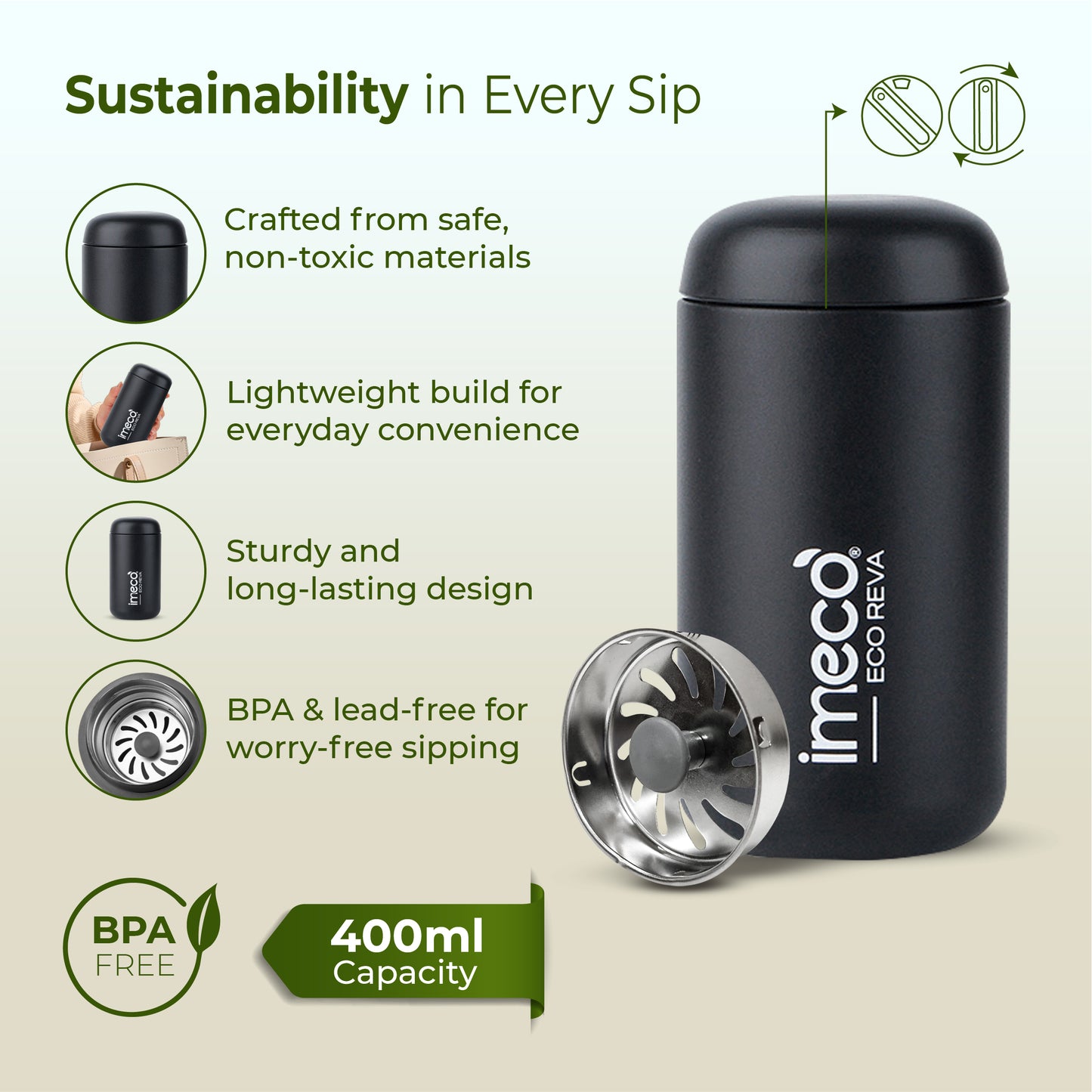 ECO REVA Stainless Steel Water Bottle - Capsule Shaped (400 ml)