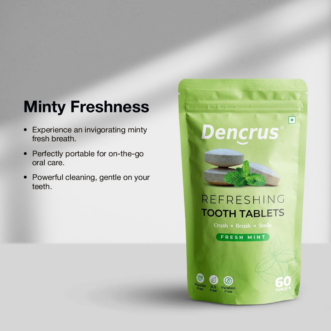 A package of Dencrus Fresh Mint Tooth tablets is placed on a white surface against a white background highlighting the key features
