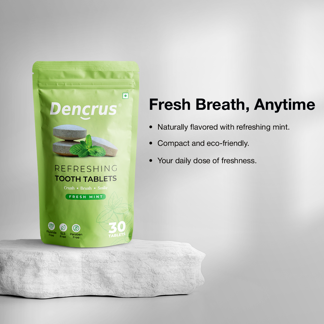 Dencrus Fresh Mint Tooth tablets are placed o textured sand against a white background and all the features are mentioned