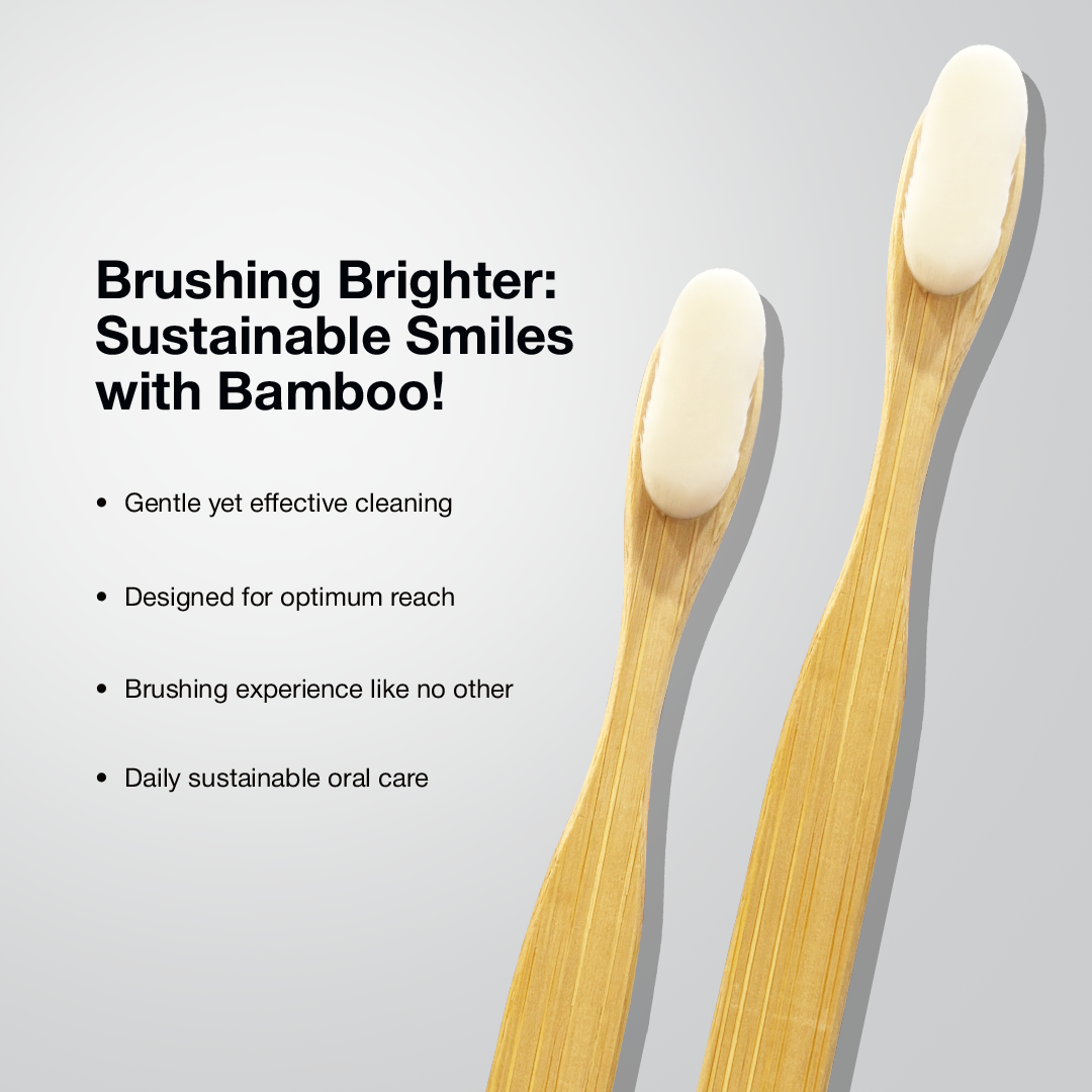 A close up shot of Dencrus NANO Bamboo Toothbrush against the white background while the features are mentioned