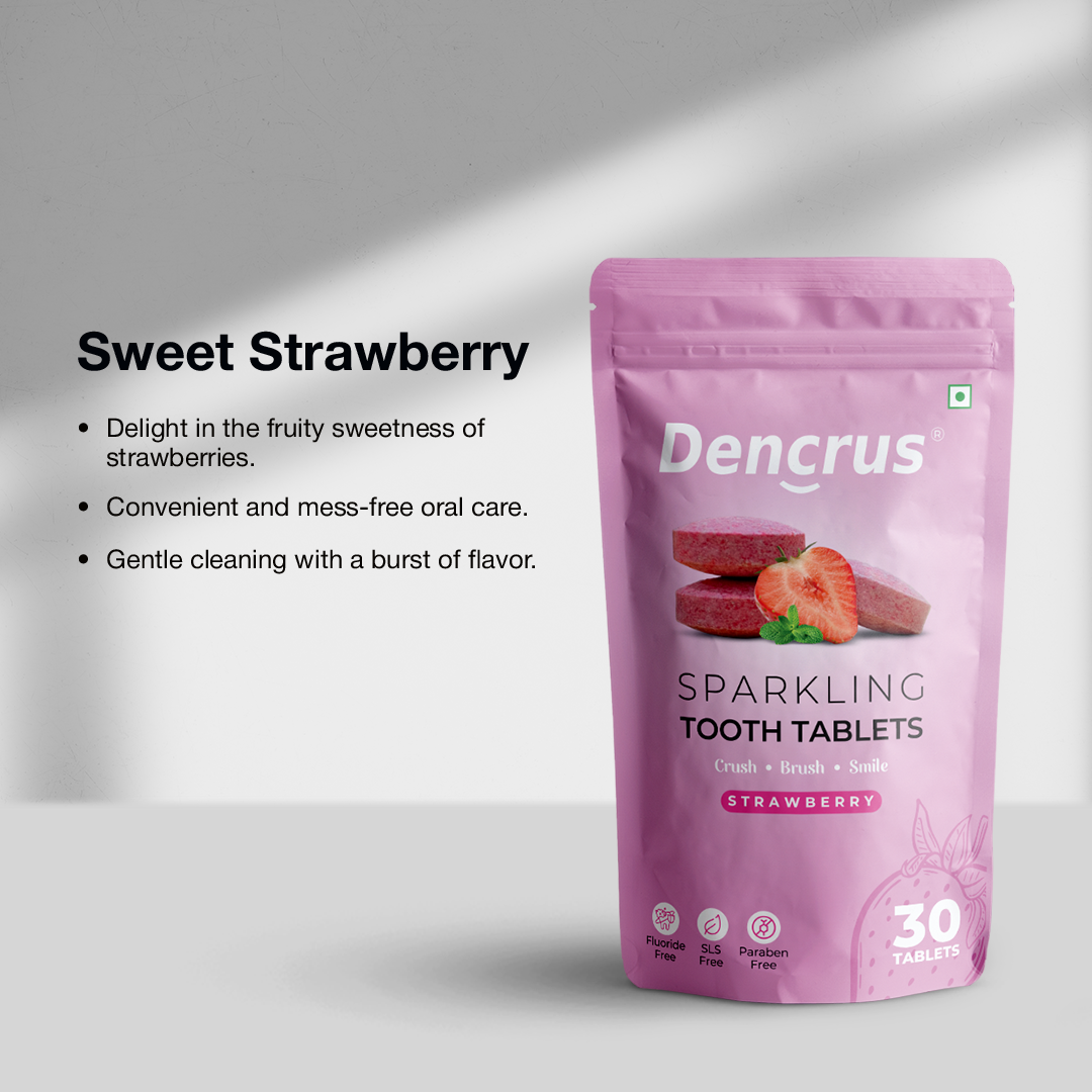 A package of Dencrus Sparkling Tooth tablets with strawberry flavour placed on a white surface against a white background highlighting all the key features