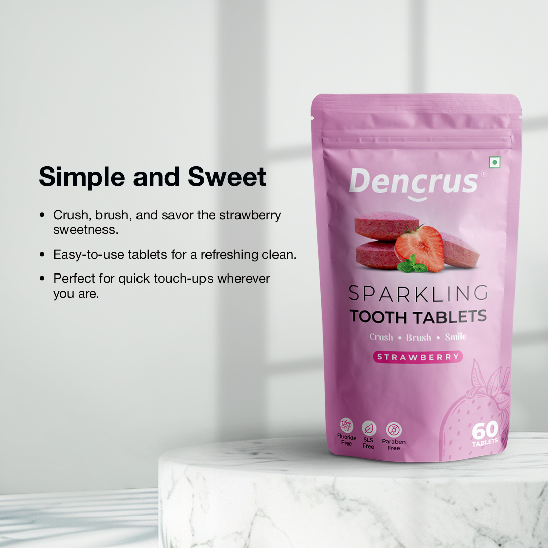 A package of Dencrus Strawberry Tooth tablets is placed against a white background and highlighting the key features of the tooth tablets