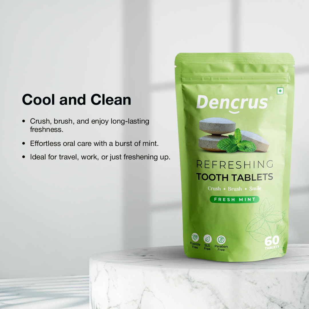 A package of Dencrus Fresh Mint tooth tablets placed on a round marble stone against a white background highlighting the key features