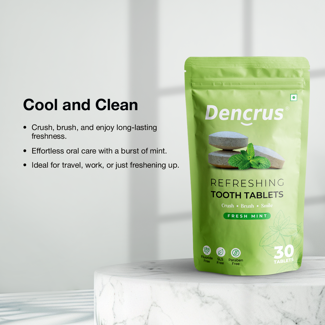 A pack of Dencrus Fresh Mint Tooth tablet is placed on a round stone against a white background highlighting the key features