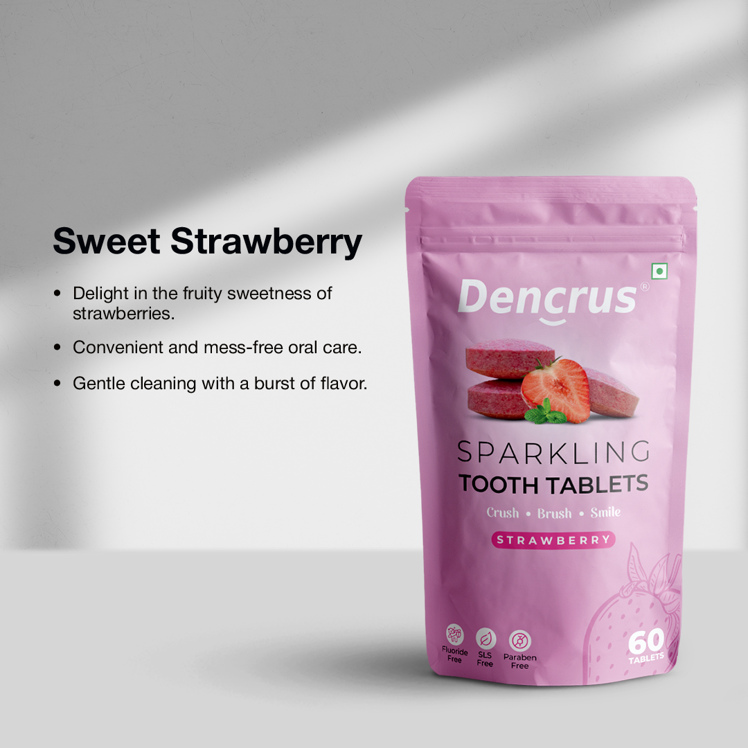 A package of Dencrus Sparkling tooth tablets placed on a white background against a white background all the key features are mentioned