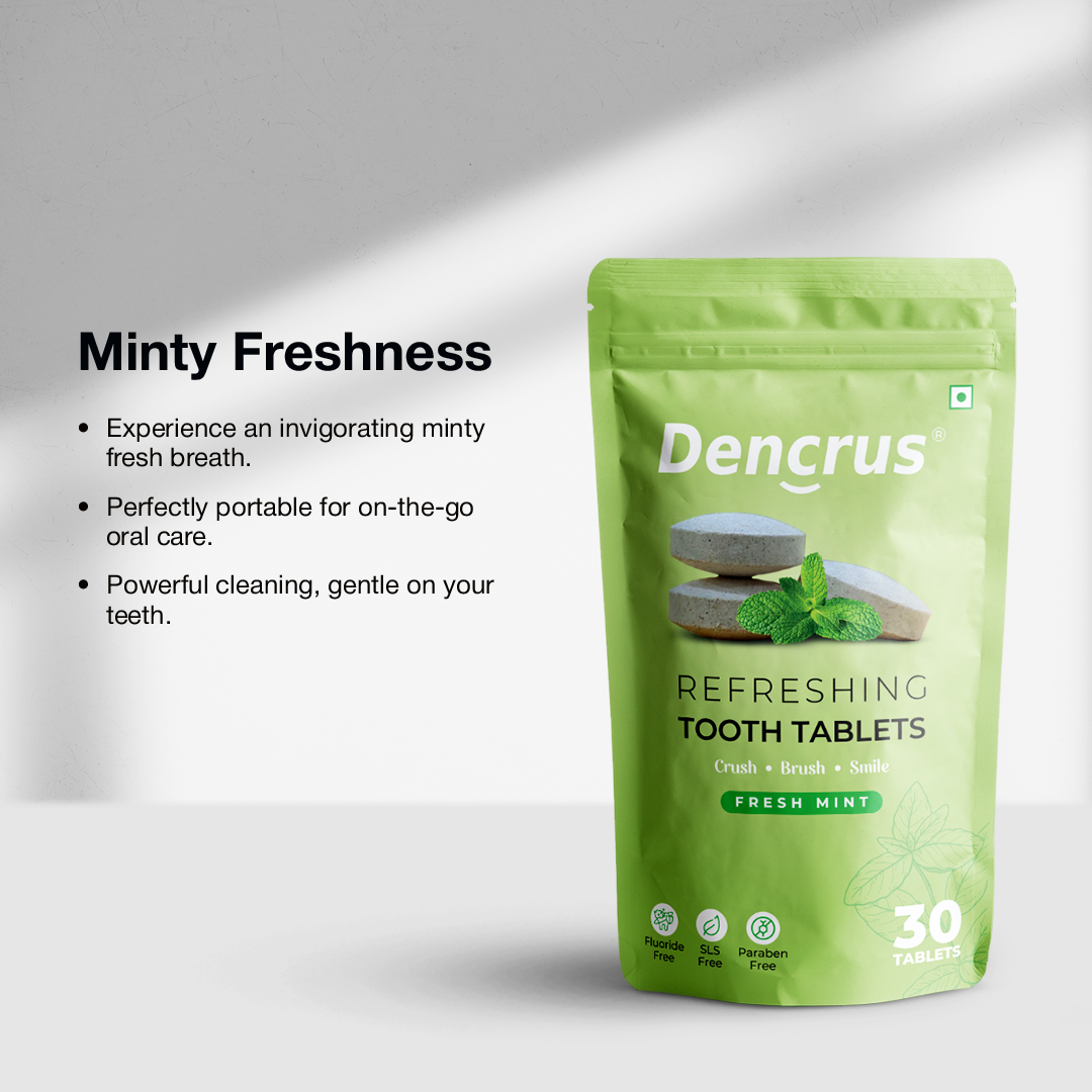 Dencrus Toothpaste Tablets is placed on a white surface against a white background highlighting the benefits on the background