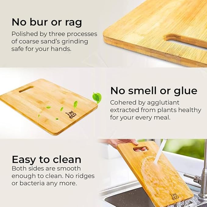 An image of IMECO Bamboo Chopping Board where 3 key features are mentioned