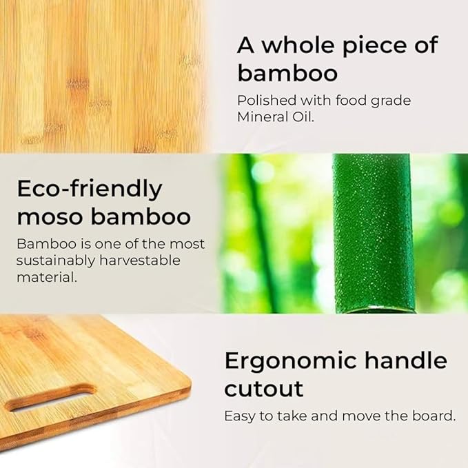 An image of IMECO Bamboo Chopping Board where 3 key features are mentioned