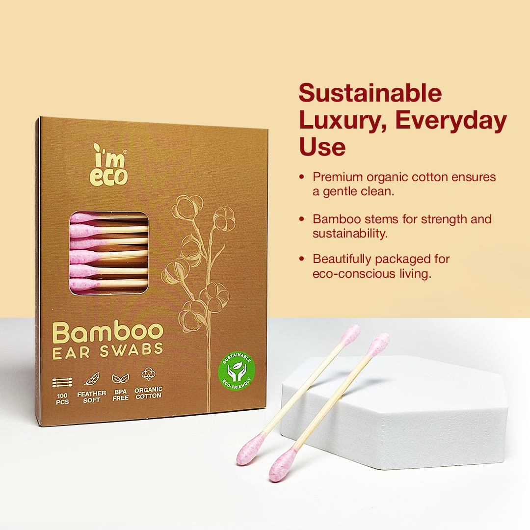 Packaging of IMECO Bamboo Cotton Ear Swabs with two ear swabs placed on a white placeholder against a light background and all the key features are mentioned in the background