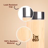 An illustration of IMECO Bamboo Flat lid bottle with the 'imeco' branding is visible. Two key features are magnified and against a light background