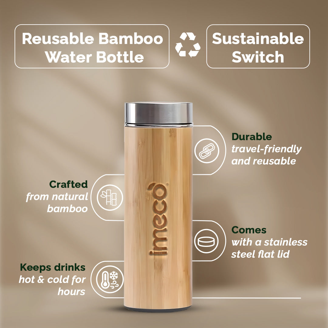 IMECO Bamboo Flat lid water bottle with stainless steel lid on a brown background highlighting the key features.