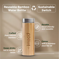 IMECO Bamboo Flat lid water bottle with stainless steel lid on a brown background highlighting the key features.