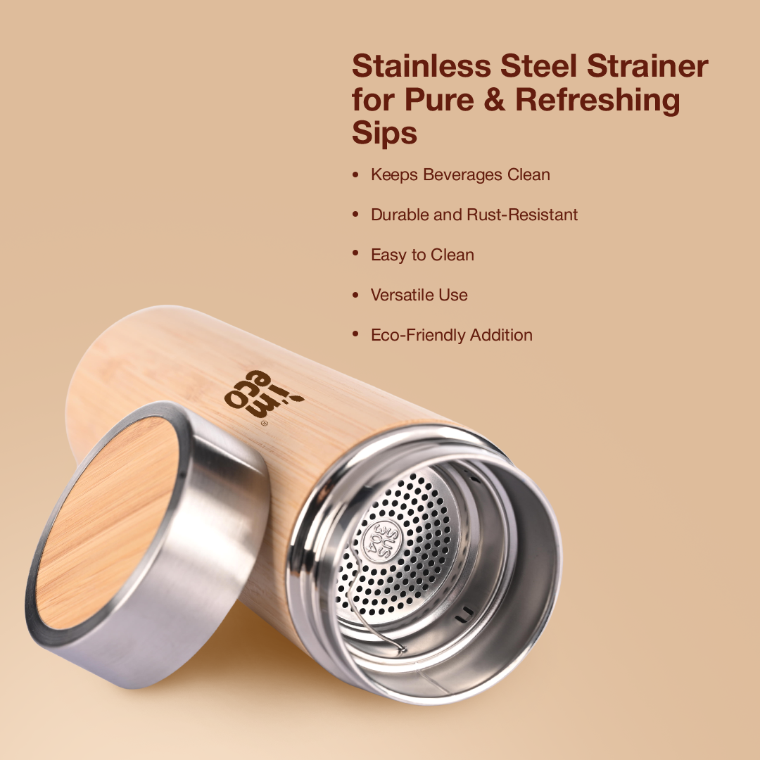 A tilted image of IMECO Bamboo Flat lid against a light background and all the key features are mentioned