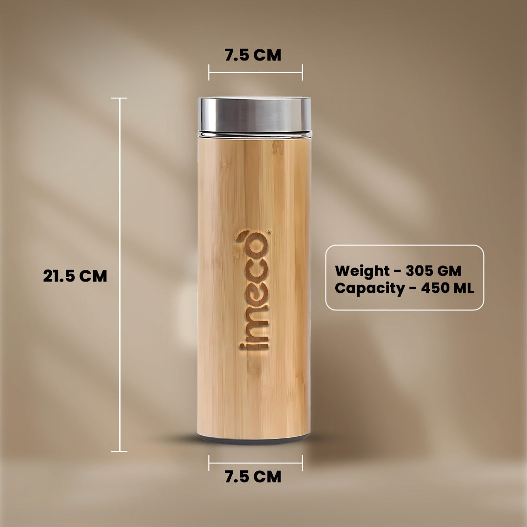 IMECO Bamboo Flat lid water bottle with measurements and brand name on a beige background