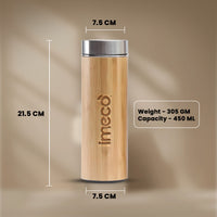 IMECO Bamboo Flat lid water bottle with measurements and brand name on a beige background