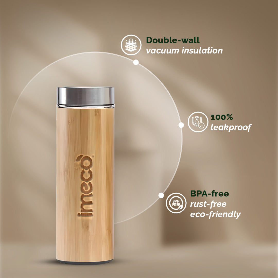 IMECO Bamboo Falt lid water bottle with stainless steel lid on a beige background, featuring limeco branding and product features.
