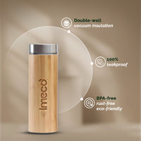 IMECO Bamboo Falt lid water bottle with stainless steel lid on a beige background, featuring limeco branding and product features.