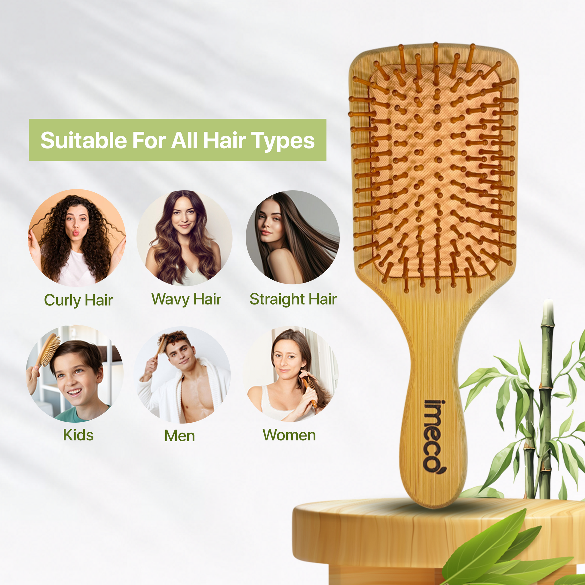 IMECO Bamboo hairbrush with 'imeco' branding on a white background, featuring images of people with different hair types.