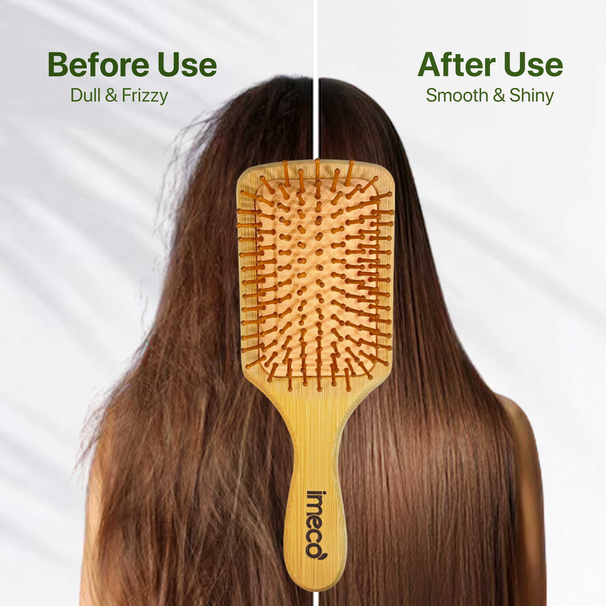 Bamboo Hairbrush with 'imeco' branding showing transformation of hair from dull and frizzy to smooth and shiny.