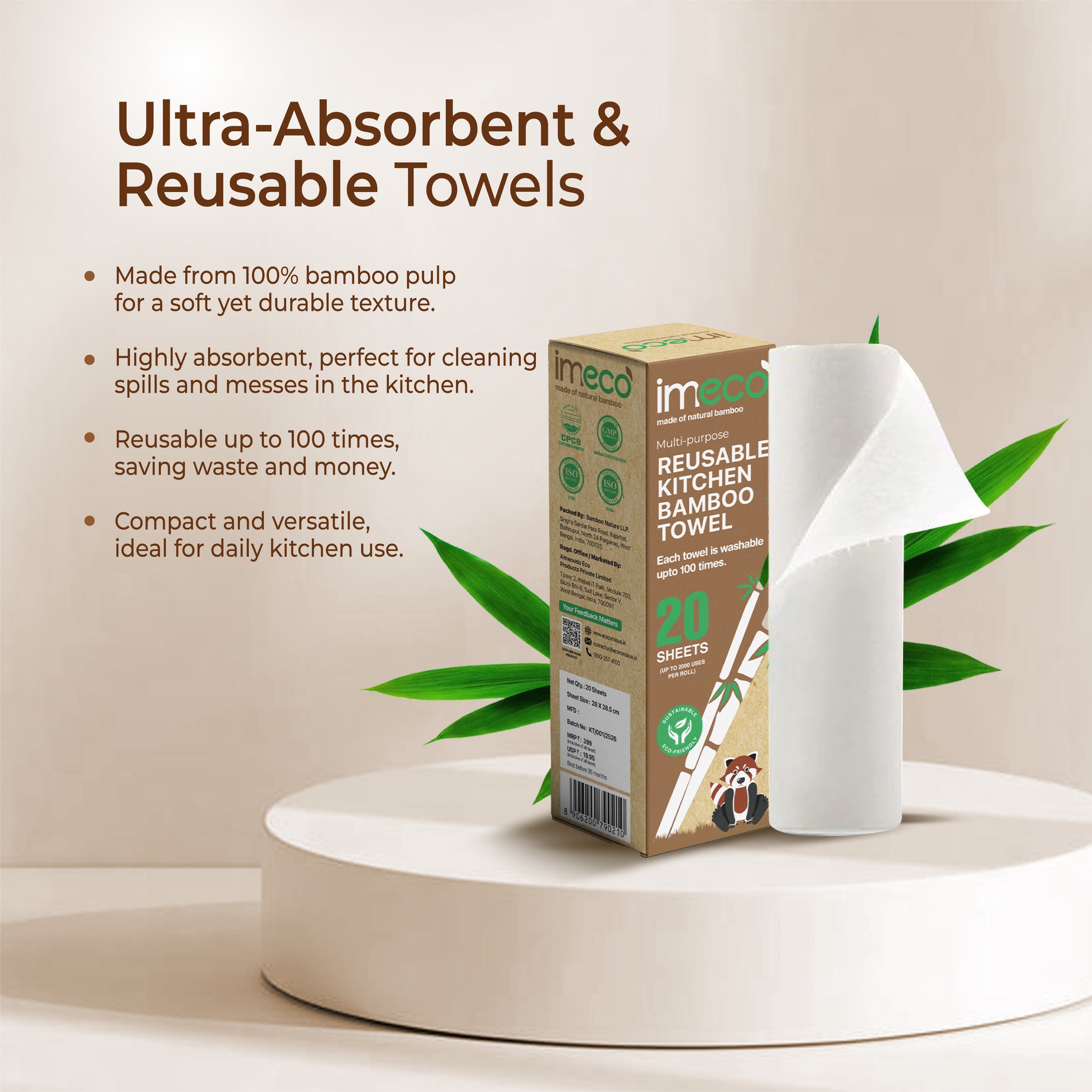 imeco reusable bamboo kitchen towel with packaging on a neutral background