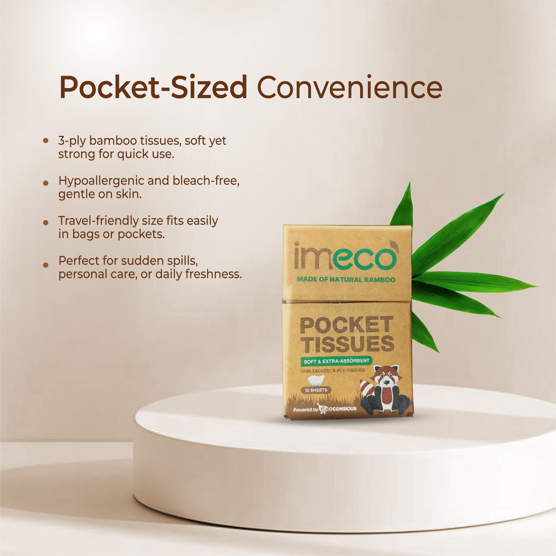 imeco pocket-sized bamboo tissues on a white platform with green leaves, against a beige background.