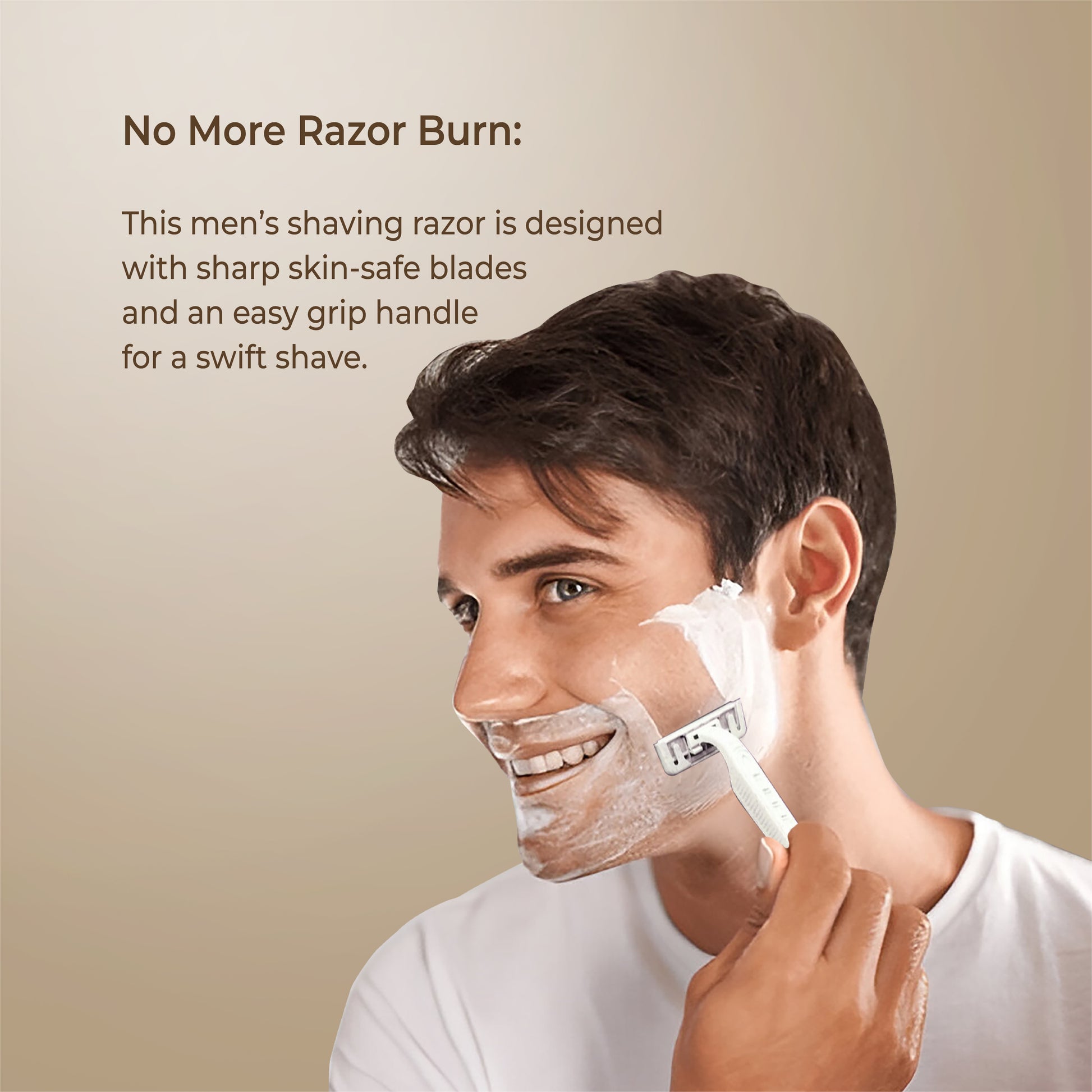 man using a shaveco shaving razor with text about skin-safe blades and easy grip handle.
