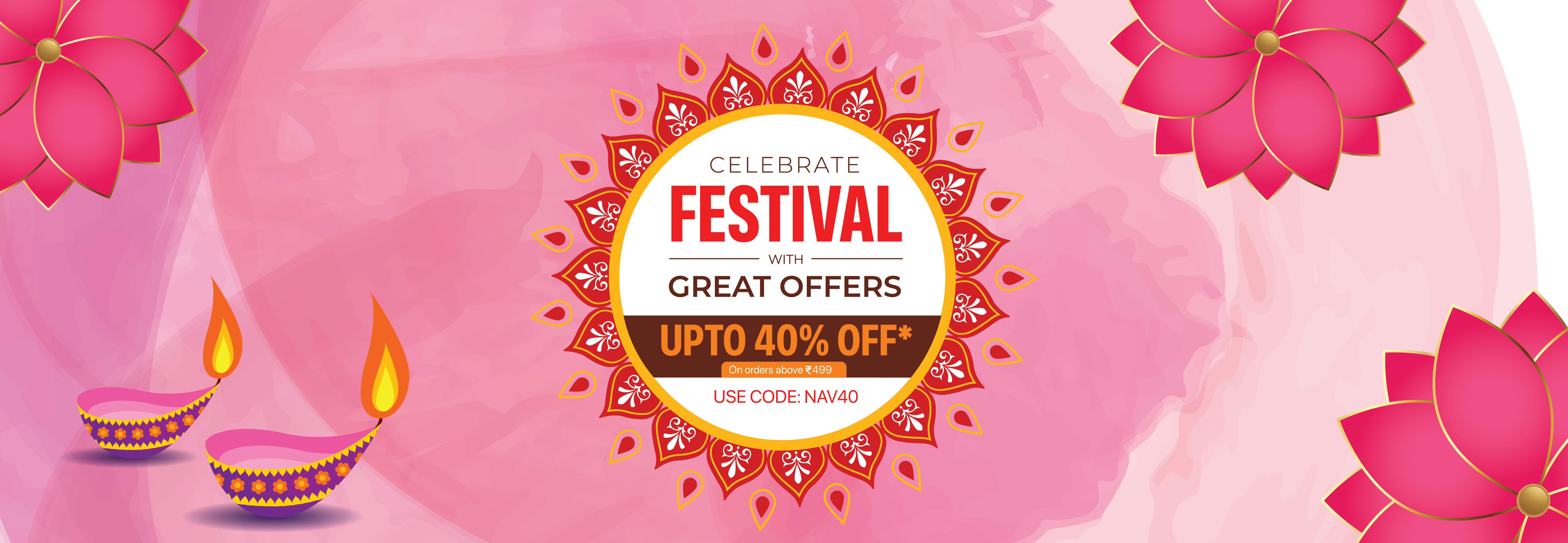 ecoconsious promotional banner for a festival sale with pink background, flowers, and diwali lamps.1