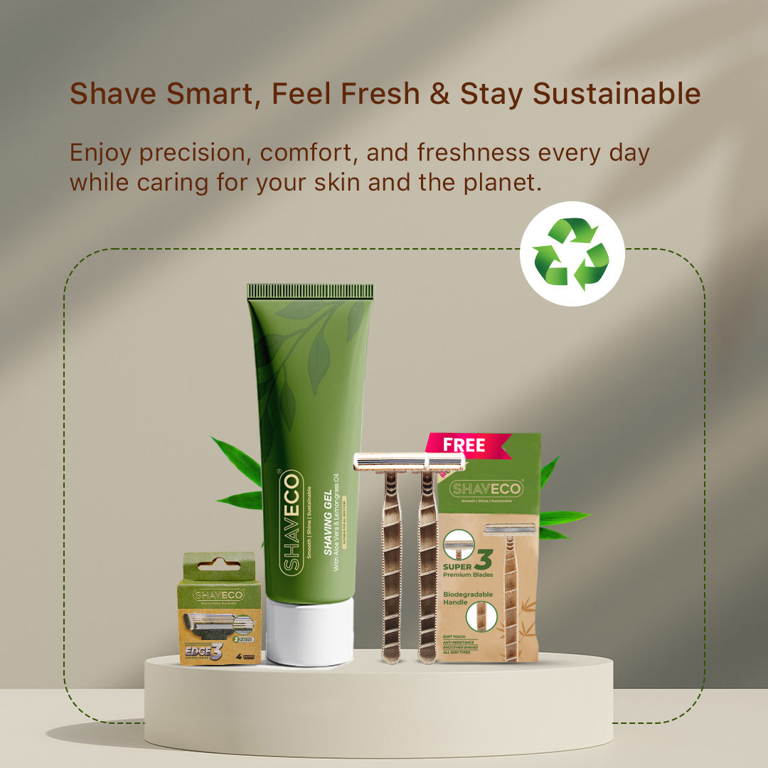 shaveco shaving products with a focus on sustainability on a neutral background