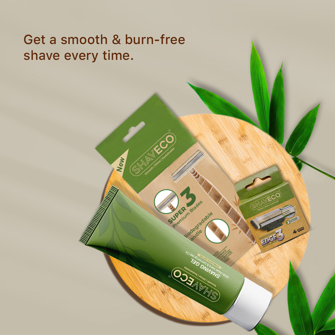shaving gel and razor packaging with SHAVECO branding on a wooden board.