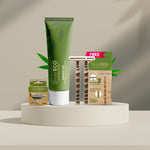 shaveco grooming products including a green tube of shaving gel, a razor, and packaging on a beige platform.