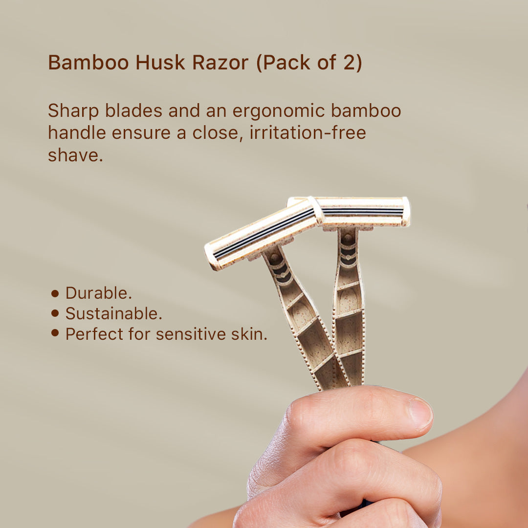 two bamboo husk razor held by a hand with product description text on a beige background