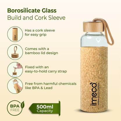 ECO CARRY Borosilicated Glass Water Bottle with Cork Sleeve Cover (500 ml)