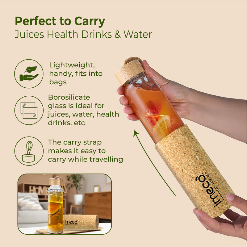 ECO CARRY Borosilicated Glass Water Bottle with Cork Sleeve Cover (500 ml)