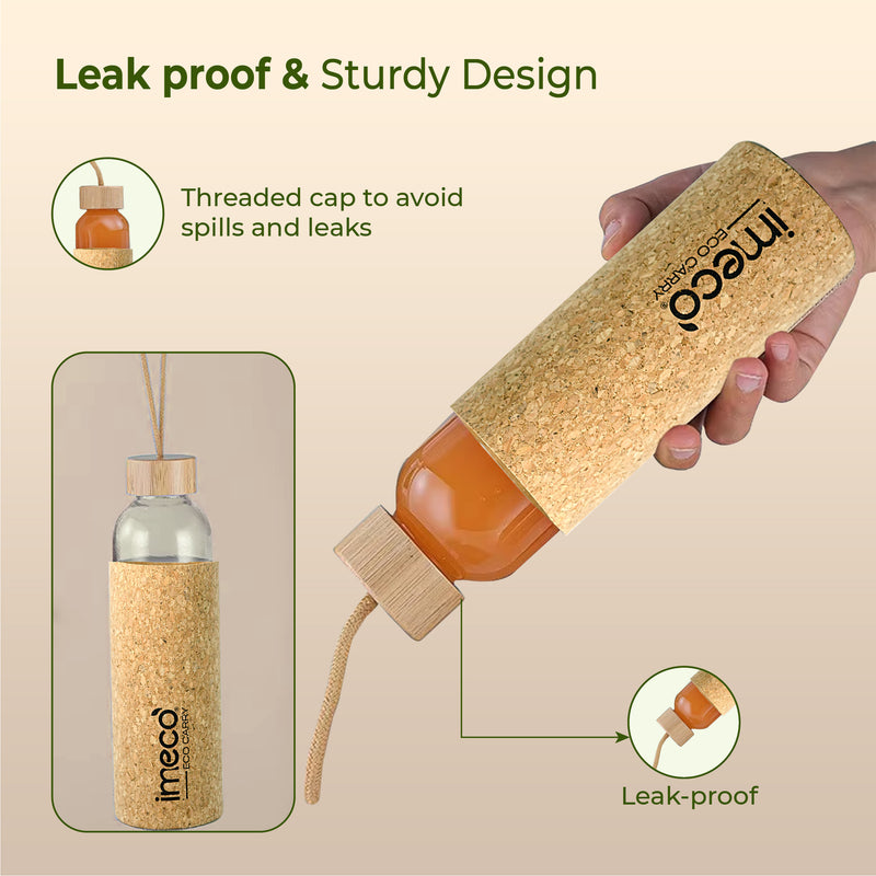 ECO CARRY Borosilicated Glass Water Bottle with Cork Sleeve Cover (500 ml)