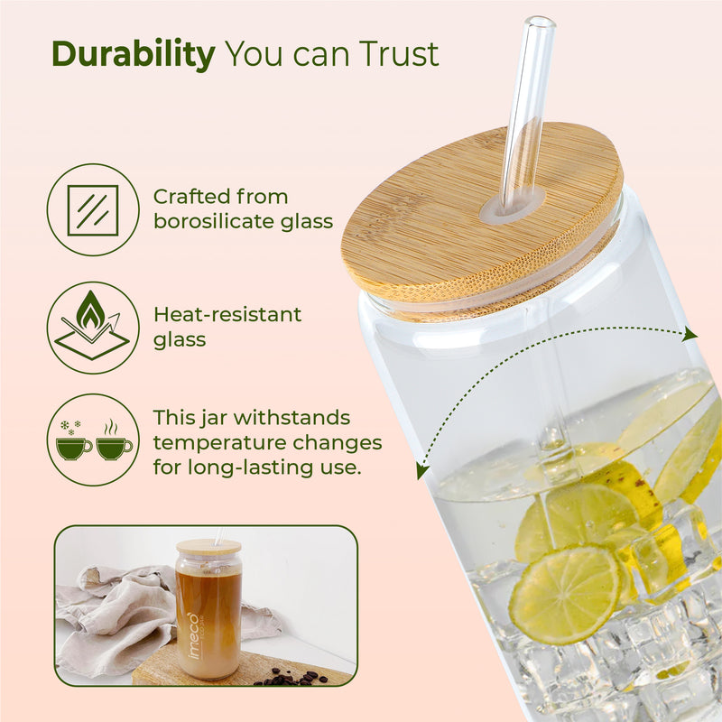 ECO JAR Glass Sipper with Bamboo Lid - Lightweight & Borosilicate Glass