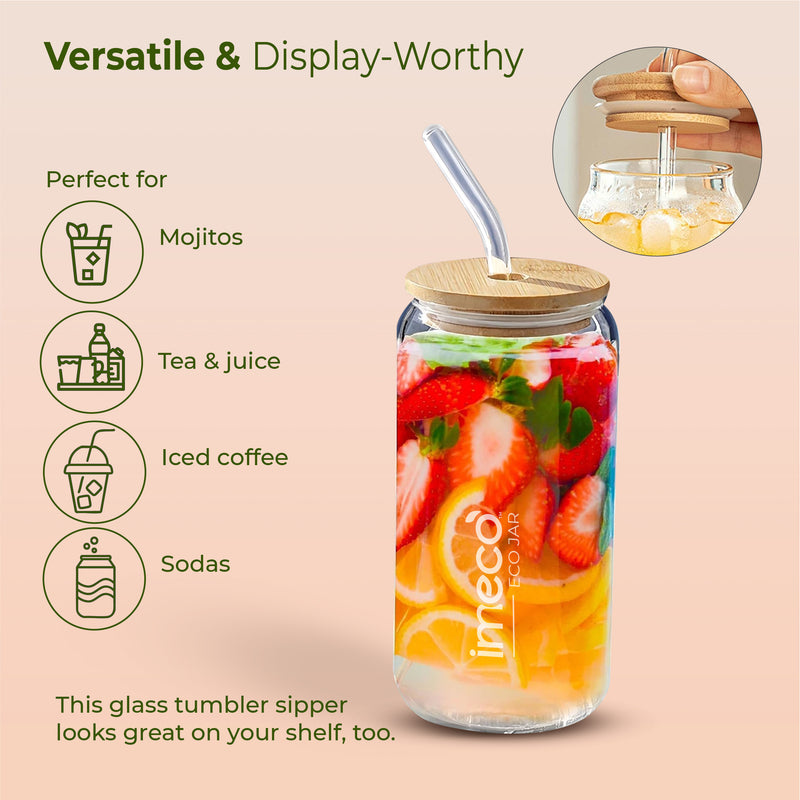 ECO JAR Glass Sipper with Bamboo Lid - Lightweight & Borosilicate Glass